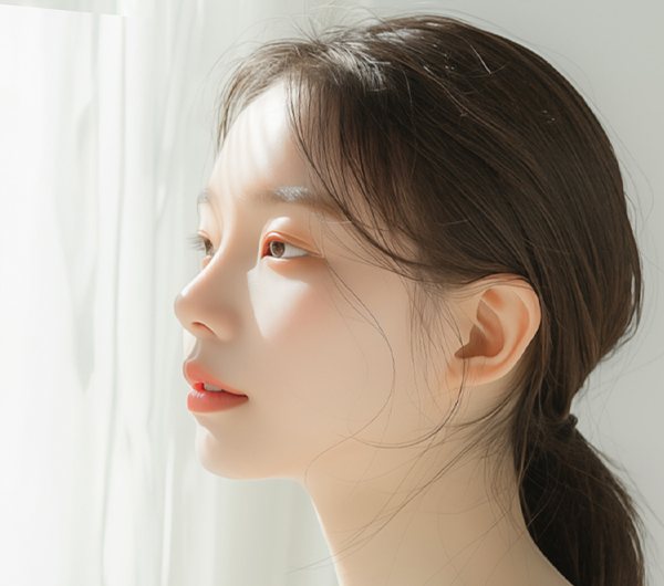 옆모습 모델(창가 커튼 빛, 흰 민소매)