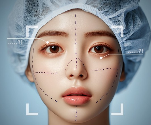 AI성형체험 슬라이드 모델(수술 모자, 얼굴에 점선 디자인 표시)