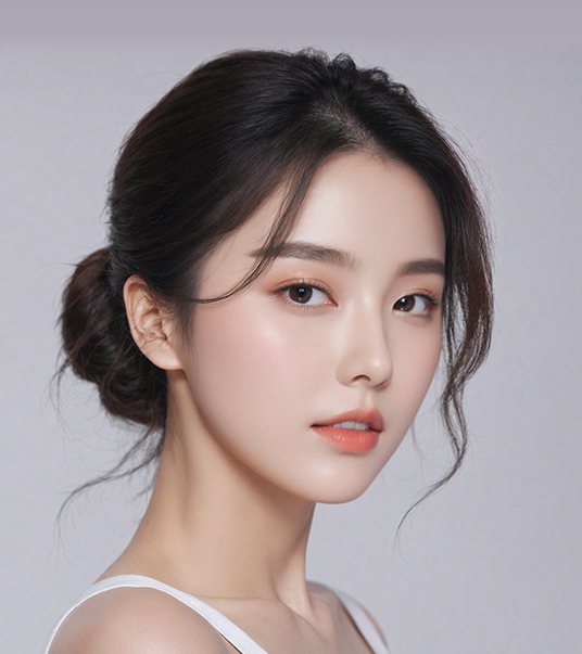 머리를 낮게 묶은 모델 옆얼굴(보랏빛 회색 배경)