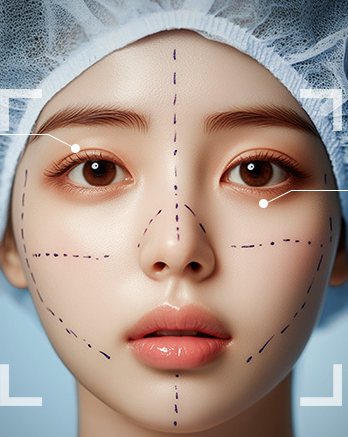 AI성형체험 슬라이드 모델(수술 모자, 얼굴에 점선 디자인 표시)