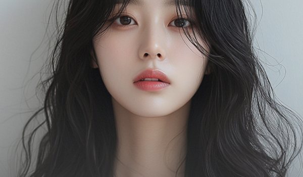 긴 웨이브 머리 모델 정면(회색 배경)